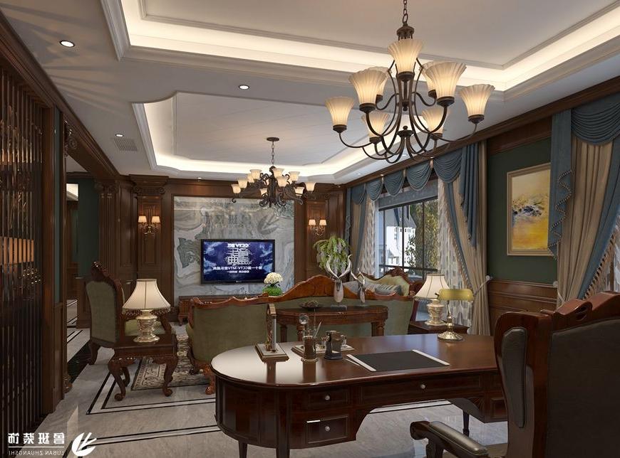 书香河畔山河砚,美式古典风格效果图,客厅设计